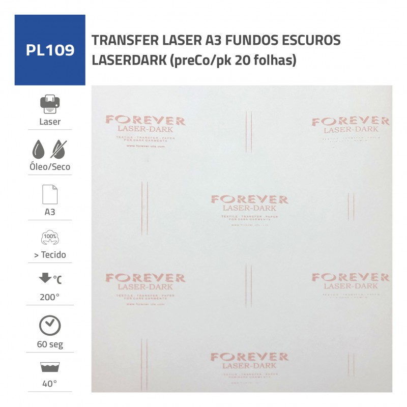 TRANSFER LASER A3 FUNDOS ESCUROS LASERDARK (preCo/pk 20 folhas)